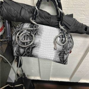 Designer-Inspired Black & White Snake-Embossed Satchel